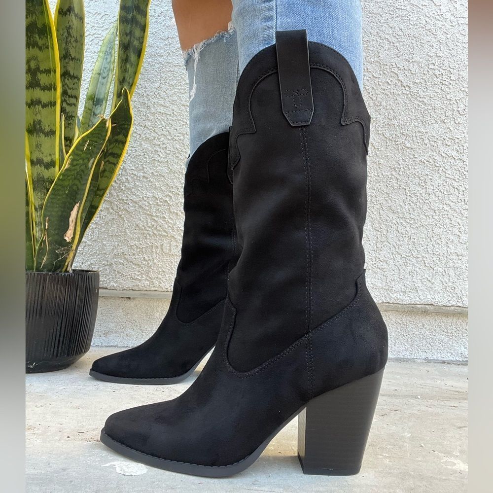 Black Cowboy Western Faux Suede Boot - Picture 7 of 8